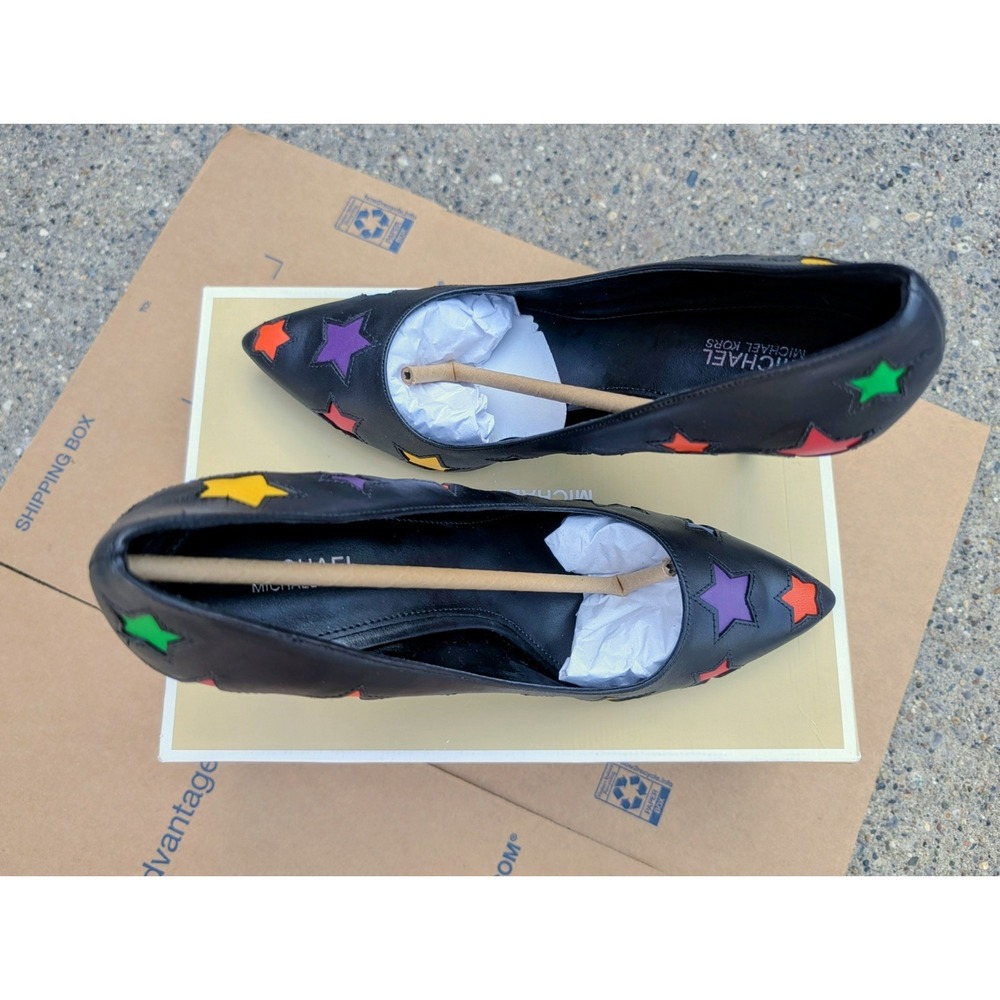 Michael Kors Raven NWB Black Leather Rainbow Star Inlay Pointed Toe Pumps Size 9 - Picture 3 of 11